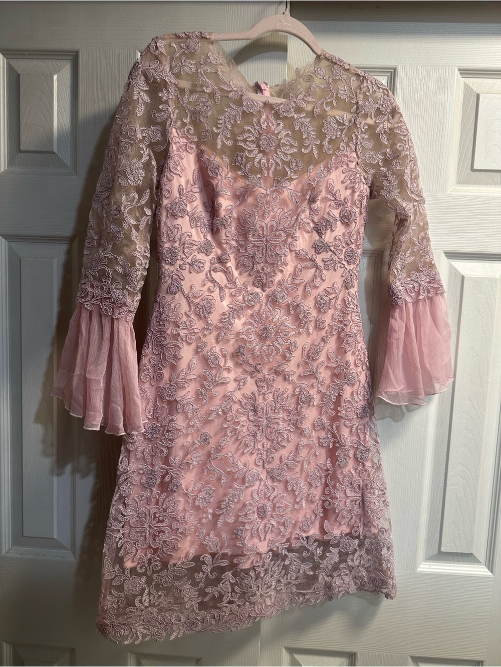 Tadashi Shoji Blush Pink Lace Mini Dress with Sheer Bell Sleeves